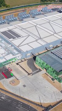 Vertical aerial drone footage showcasing the vast scale of Google&rsquo;s data centre in Waltham Cross, Hertfordshire, highlighting architecture and size.