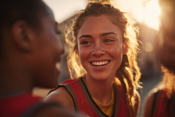 Joyful young female basketball player smiling during a sunset outdoor practice with teammates