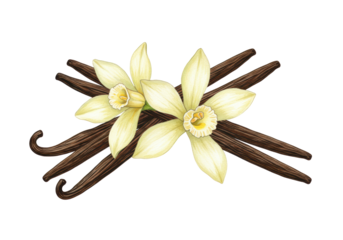 Isolated Vanilla flowers and vanilla pods watercolor illustration, sweet spices flavoring