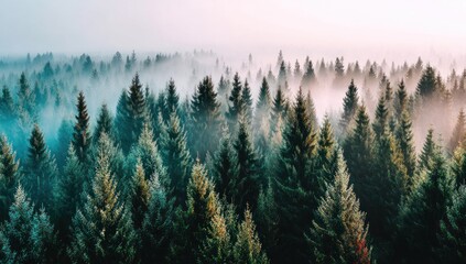 Misty pine forest aerial, treetops emerging from fog, soft light