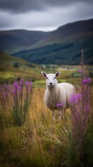 Naklejka premium Fluffy sheep in vibrant grassland, purple flowers, rolling hills, moody sky