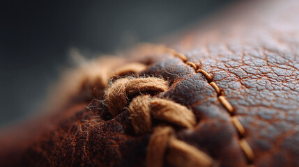 Macro shot showcasing the intricate details of weathered, brown leather with a braided, textured seam. Evokes craftsmanship, heritage, and tactile sensation.