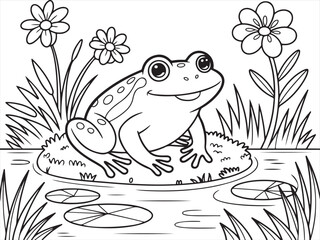 Frog on Lily Pad with Flowers – Detailed Drawing for Kids’ Nature Coloring Pages
