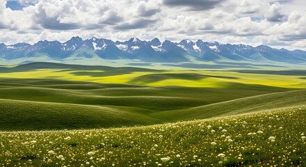 Vast rolling green hills with yellow wildflowers and snow capped mountains under a cloudy sky.