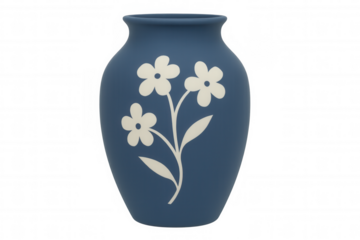 Blue vase featuring a delicate white floral design, isolated on a transparent background, perfect for home decor projects