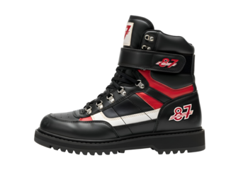 Black Leather Racing Boot with Red and White Stripes.