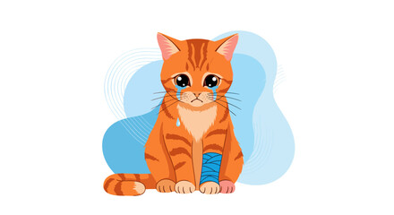 Fototapeta premium A sad injured orange tabby cat with a blue bandage on its leg crying tears of sadness illustration