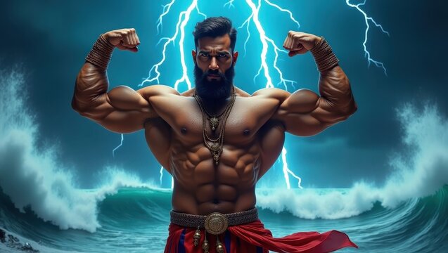 Powerful physique of a muscular man, displayed against a backdrop of stormy seas and vibrant lightning, showcasing strength and determination. - Powered by Adobe