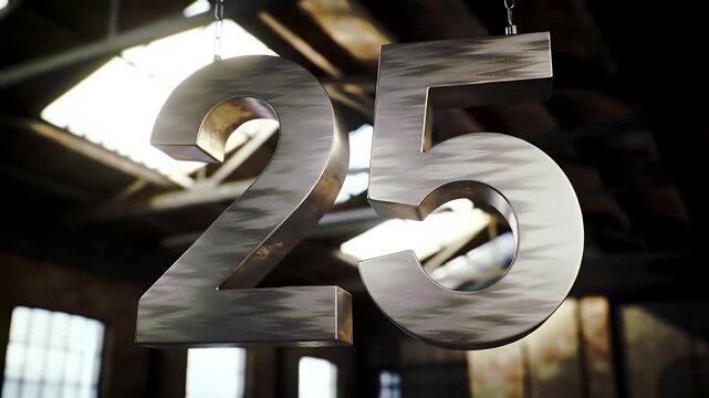 Industrial Metal Number Twenty Five Hanging from Chain in Warehouse with Daylight