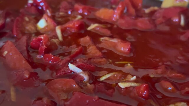 red pepper lecho cooking close up. High quality 4k footage
