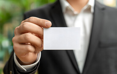 Thai man holds a blank white name card, symbolizing ew opportunities and persoal branding in a professioal setting