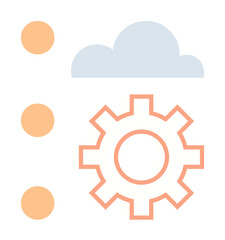Gear represents automation, cloud indicates data storage, and three orange circles suggest a workflow. Ideal for technology, innovation, cloud services, system processes, automation, data management