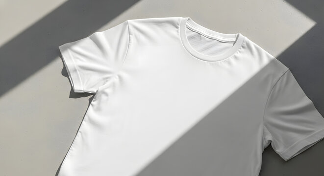 Plain white t-shirt isolated on simple background, blank apparel mockup for fashion design, clothing template, branding, and promotional advertising.