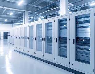 Naklejka premium Data Center Infrastructure: Server Racks in a Modern Facility