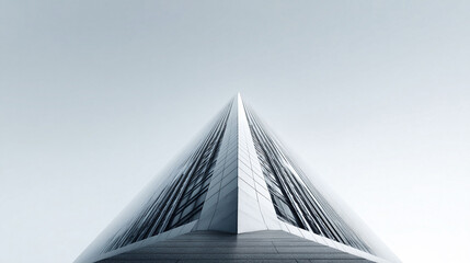 Striking lowangle view of a modern skyscraper converging against a clean sky. Evokes progress, ambition, and precision. Ideal for architecture, finance, and corporate themes.