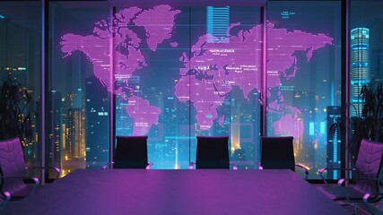 realistic cinematic futuristic corporate office night, glass walls city skyline, glowing 3D holographic world map table, neon blue connecting lines major cities, reflections polished surfaces, 4k - Powered by Adobe