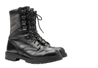Black Leather Military Boots on White Background.