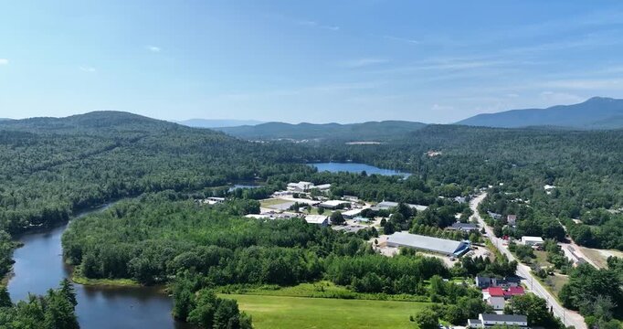 Aerial landscape view of Conway, New Hampshire and Saco River on a sunny day