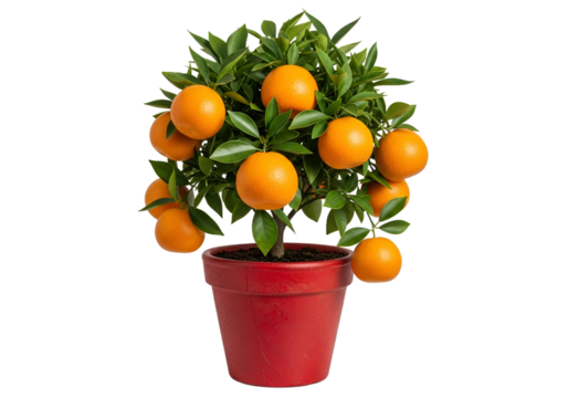 A vibrant orange tree in a red pot, showcasing multiple ripe oranges and lush green foliage.