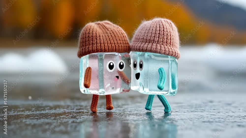 Poster playful ice cube characters with knitted hats share a joyful moment on a reflective surface, showcas