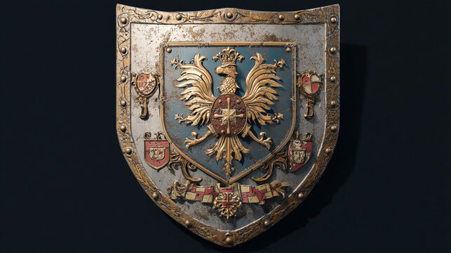 Antique coat of arms emblem with a gold eagle on a stone shield, a symbol of ancient Russian authority