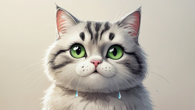 A close-up portrait of a gray and white fluffy cat with large, expressive emerald green eyes, showcasing delicate details and a soft, gentle mood.