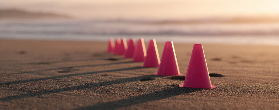 A row of vibrant cones stretches along a sandy beach, facing the ocean under a warm light. Conceptual shot for guidance, boundaries, sports, or personal growth themes.