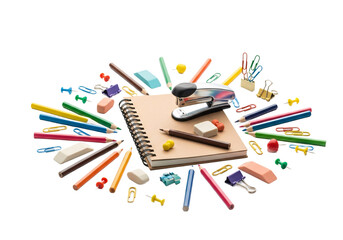 A vibrant collection of assorted school and office supplies artfully arranged around a spiral bound notebook isolated on transparent background
