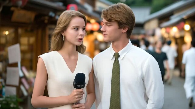 1 A journalism intern interviews a local business owner on a bustling street with pedestrians passing shop signs glowing notepads scribbled and a recorder capturing every word