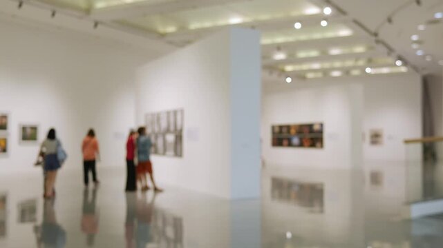 Blurred art gallery and exhibition hall background - soft focus museum interior with artwork displays for creative cultural backdrop.
