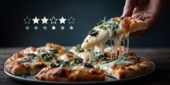 feedback satisfaction ratings concept. Delicious cheese pizza being served with herbs.