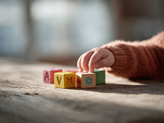 Obraz premium A childs hand reaching for alphabet blocks on a wooden surface, symbolizing early learning and development. Natural light and soft focus create a warm, nostalgic feel. Perfect for educational content.