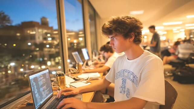 1 A junior codes late at night in a computer lab surrounded by monitors empty energy drink cans and lines of code glowing on screens captured in a techy photo with pixel clarity