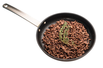 Frying Pan with fried mince beef meat, fresh cooked forcemeat isolated on white background