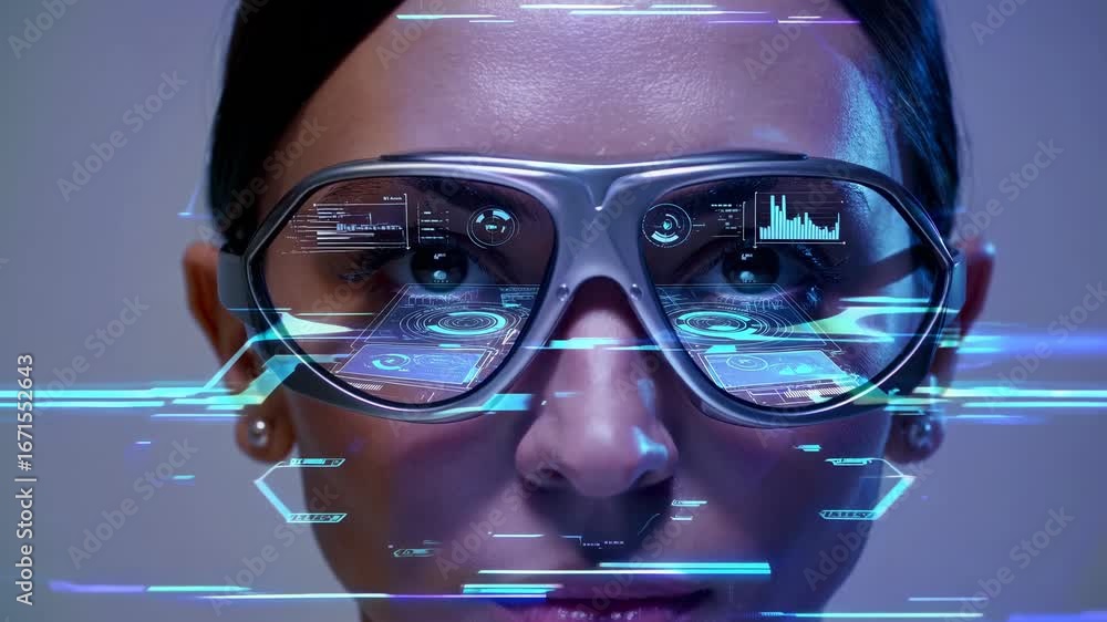 Poster futuristic video concept featuring a close-up angle of a person wearing high-tech glasses with digit