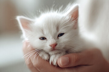 Precious closeup of a sleepy white kitten held gently in a persons hands. Symbolizes innocence, tenderness, and new beginnings. Ideal for pet care, adoption,  heartwarming themes.
