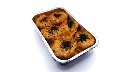 close up of six pieces of spicy dim sum mentai isolated on white background