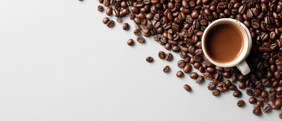 White coffee cup surrounded by coffee beans on a light gray surface