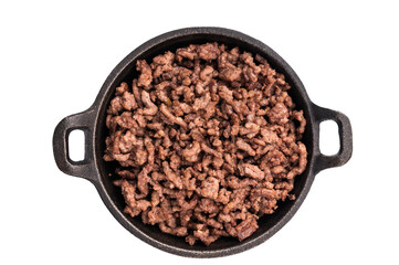 Fried ground beef and pork meat, fresh cooked mince in a skillet isolated on white background