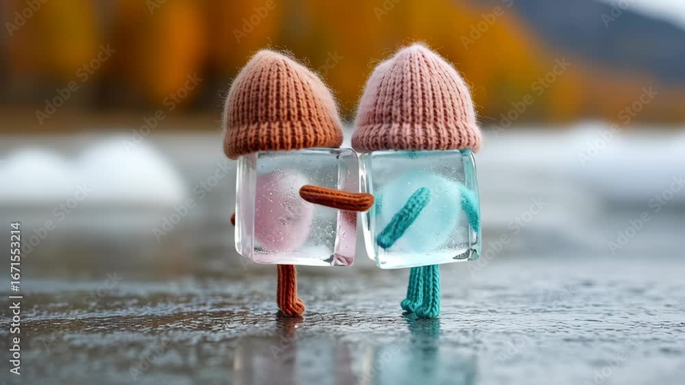 Poster playful ice cube characters with knitted hats are joyfully interacting on a reflective surface, show