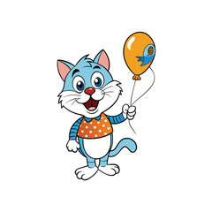 Joyful cartoon cat holding a fish shaped balloon and smiling brightly