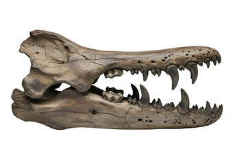 Fototapeta premium Detailed profile view of a fossilized ancient animal skull, showcasing intricate bone structure and sharp teeth.