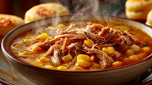 Delicious homemade chicken soup with cornbread rolls served in a cozy kitchen setting