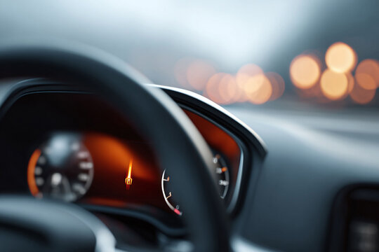 Interior shot of a car dashboard at night with blurred city lights. Perfect for transportation, technology, travel, and modern lifestyle concepts. Evokes feelings of movement and adventure.