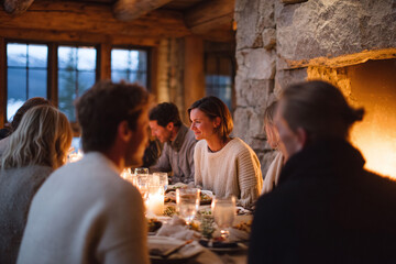 Warm gathering of friends around a candlelit dinner table in a rustic cabin. Cozy, intimate setting for connection, celebration, or winter holiday. Lifestyle, friendship concept.