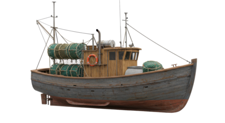 Traditional fishing boat with nets docked at a serene harbor during sunset isolated on white background