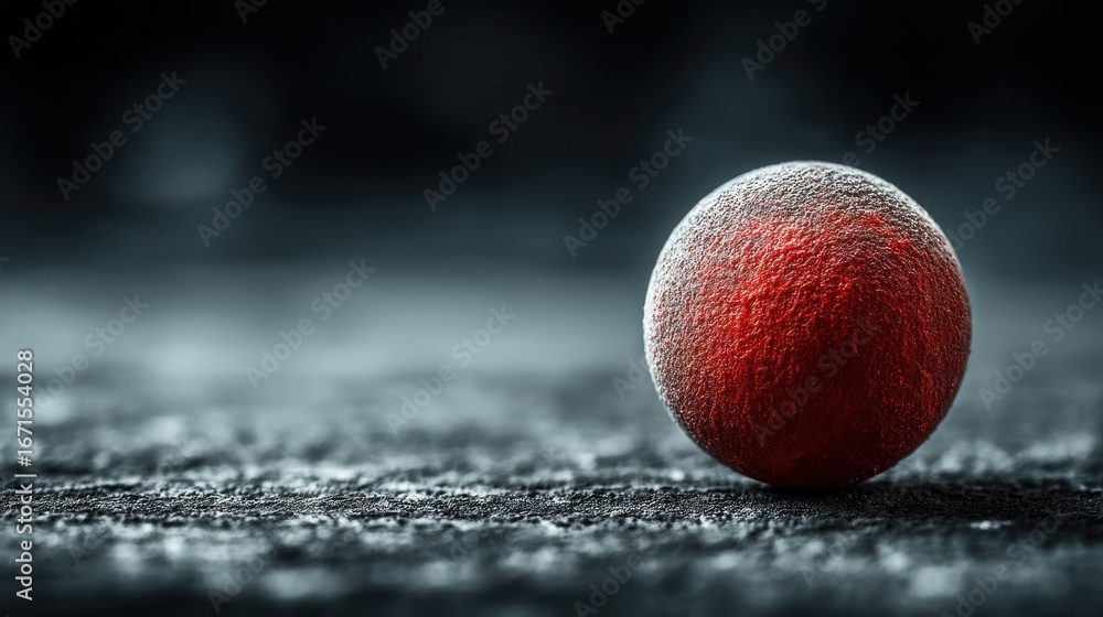 Poster textured red sphere resting on a dark granular surface under a blurred background macro closeup abst