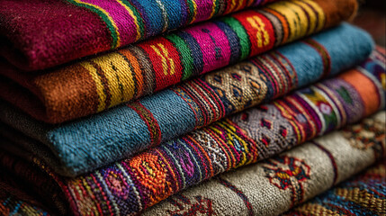 A market stall overflows with a vibrant array of handmade Guatemalan textiles, showcasing a kaleidoscope of traditional patterns and colors
