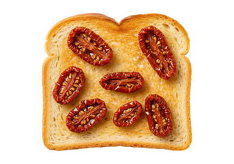Sliced toasted bread topped with sun-dried tomatoes ideal for culinary presentations isolated on white background