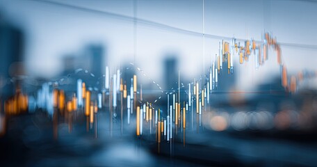 Financial data displayed on a screen, overlaid with a blurred cityscape